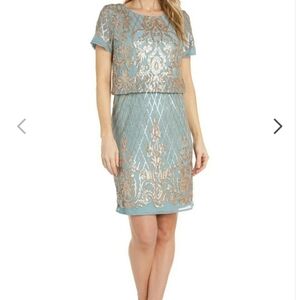 Seafoam R&M Richards Short Sleeve Beaded Cocktail Dress